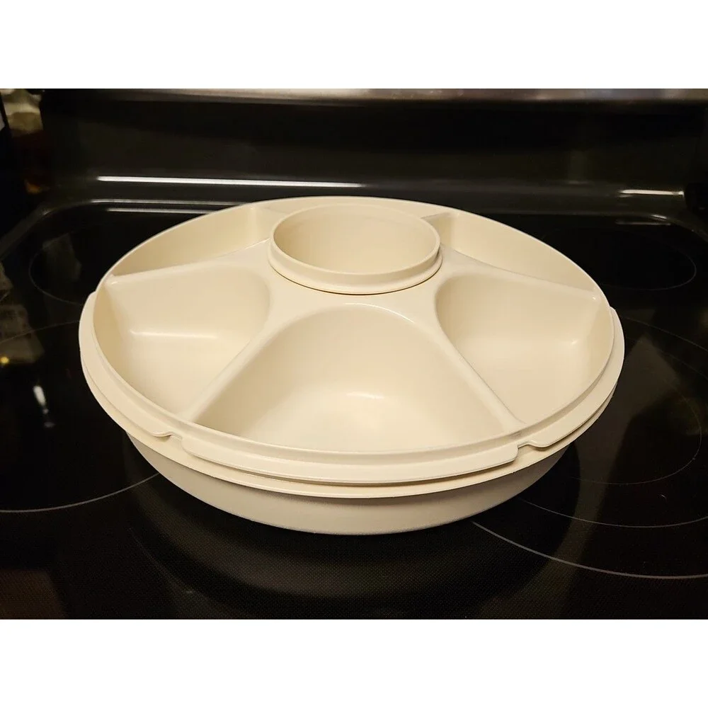 Tupperware Divided Serving Tray 1665-3 Almond With Lid & Dip Bowl 3 pc set
